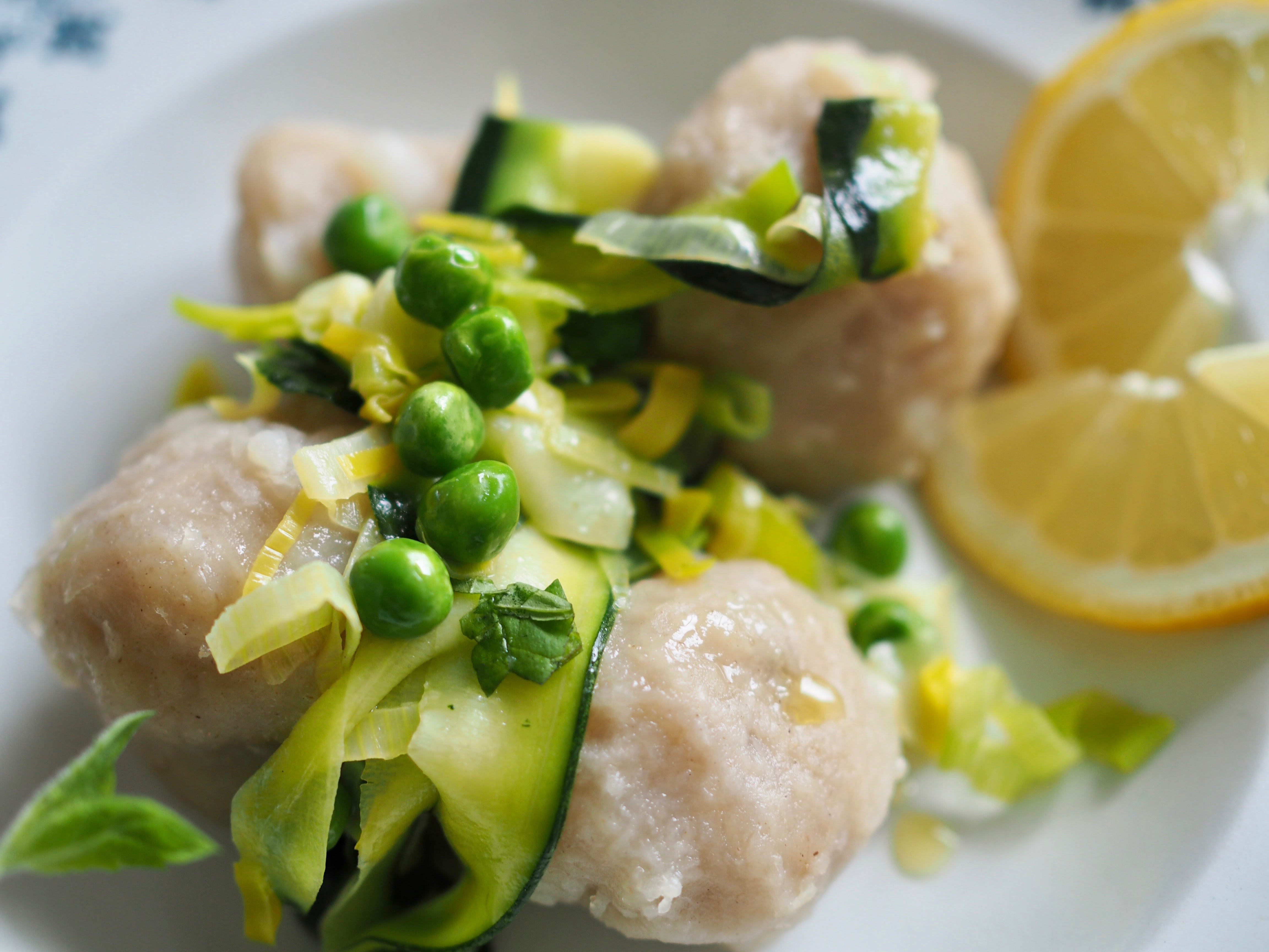 Potato Dumplings with Spring Vegetables (Raspeballer)