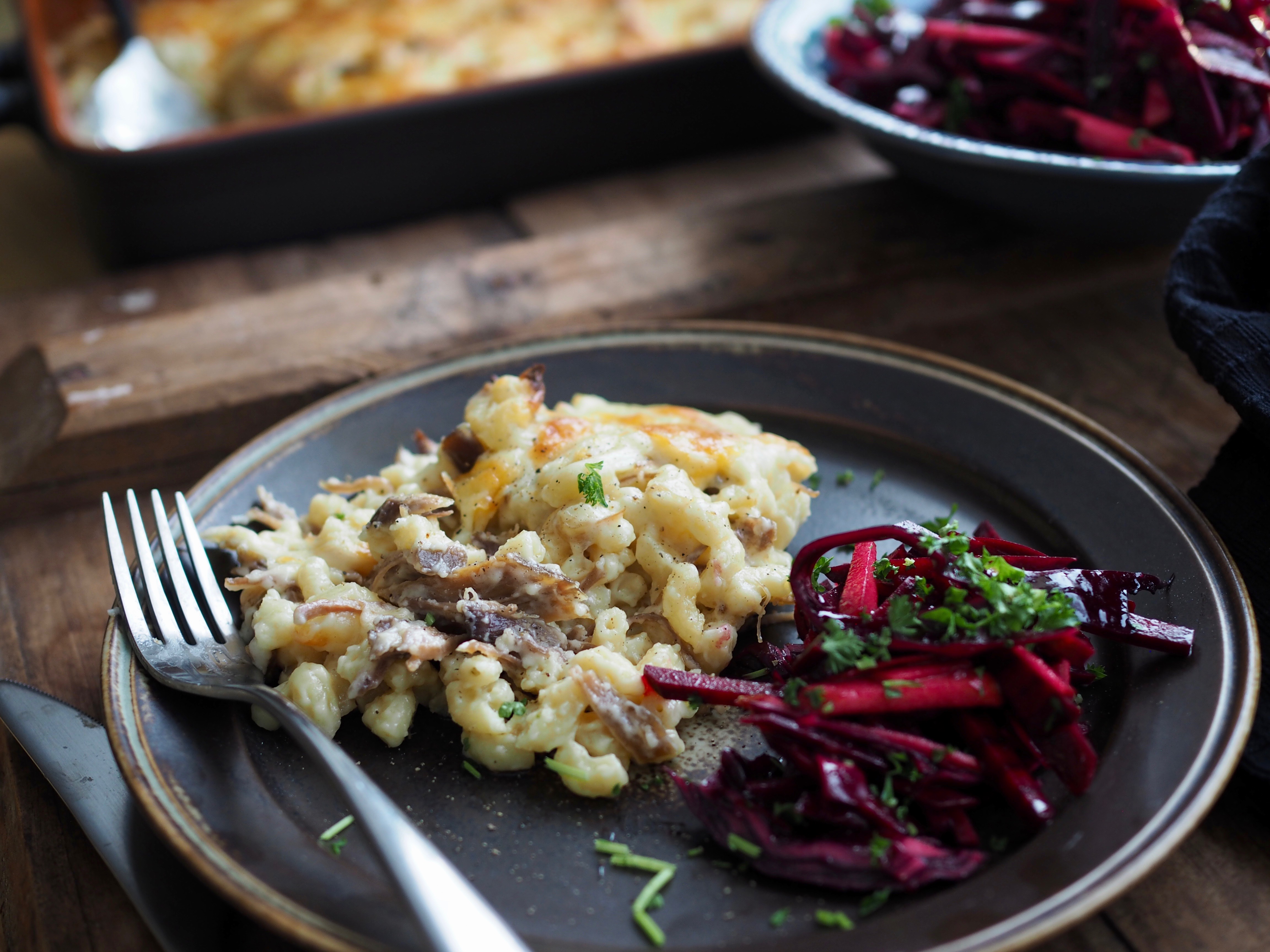 Pinnekjøtt Macaroni and Cheese and Winter Slaw