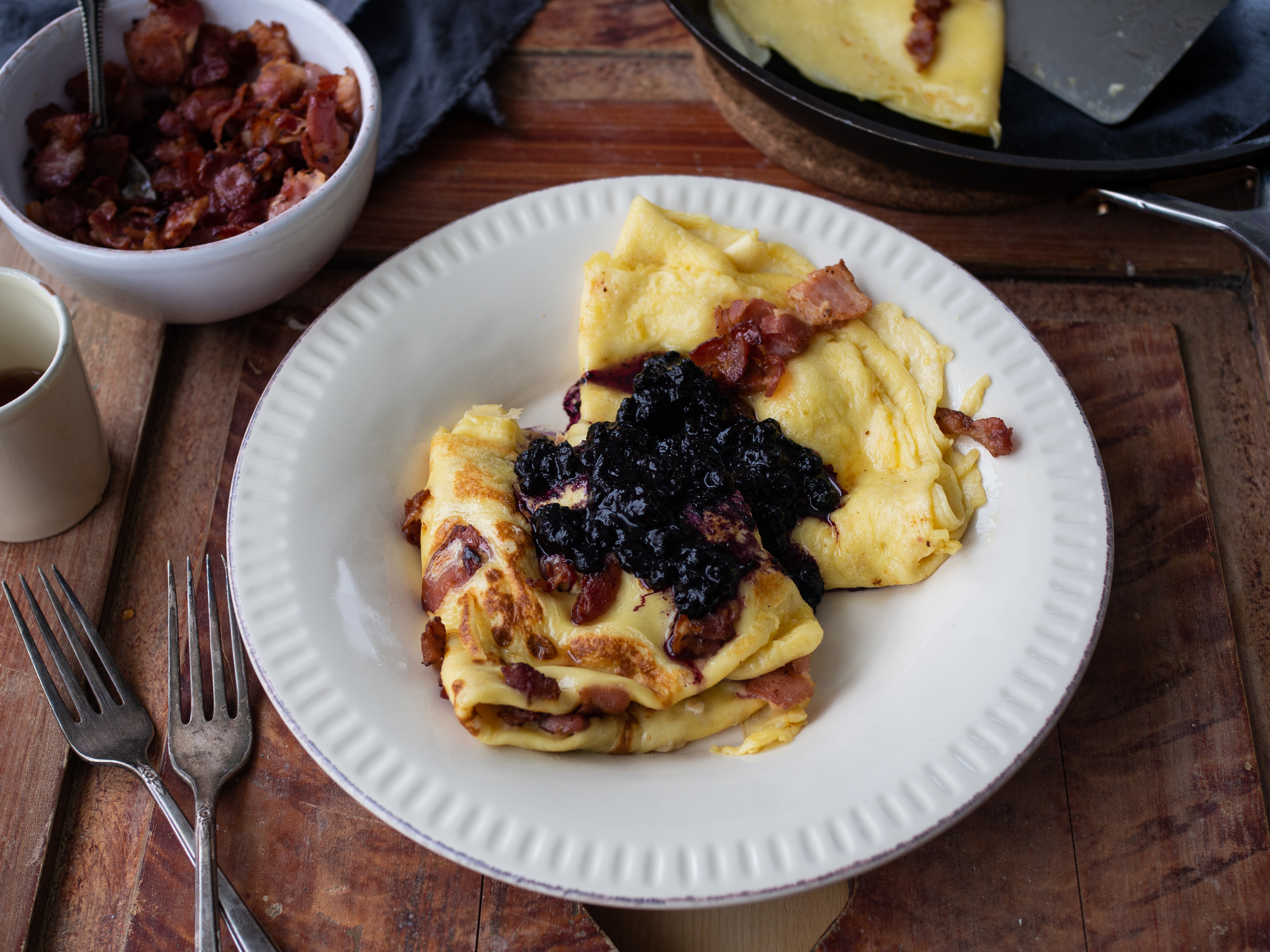 Norwegian Pancakes with Bacon, Syrup and Blueberry Compote (Fleskepannekaker)